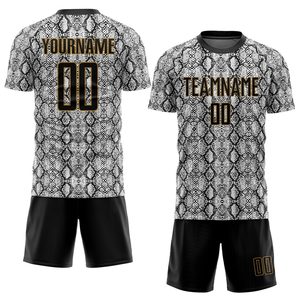 Custom Black Black-Old Gold Sublimation Snakeskin Soccer Uniform Jersey photo 2