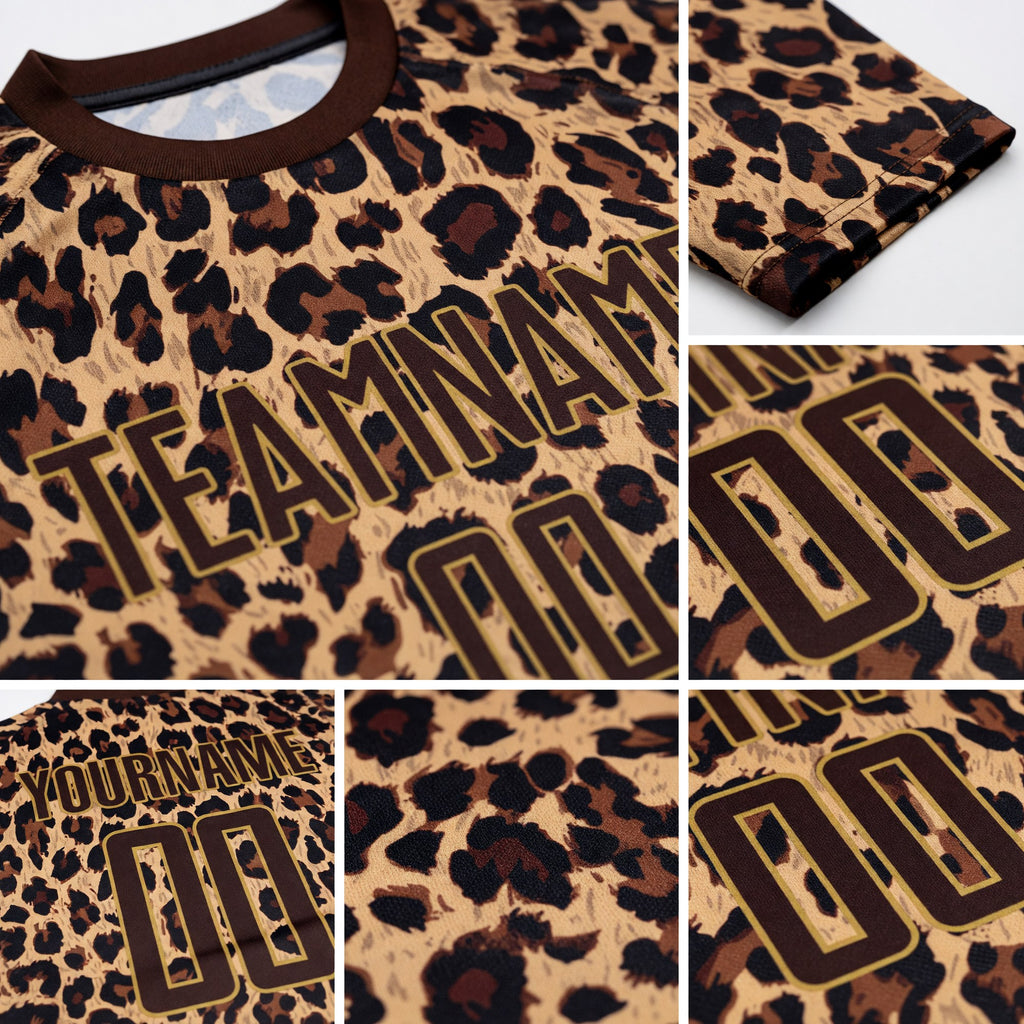 Custom Brown Brown-Old Gold Sublimation Leopard Soccer Uniform Jersey detail