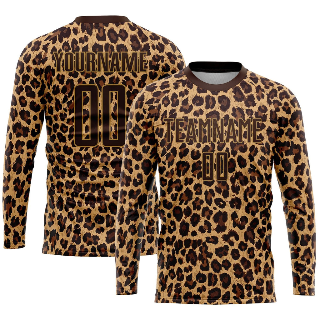 Custom Brown Brown-Old Gold Sublimation Leopard Soccer Uniform Jersey photo 3