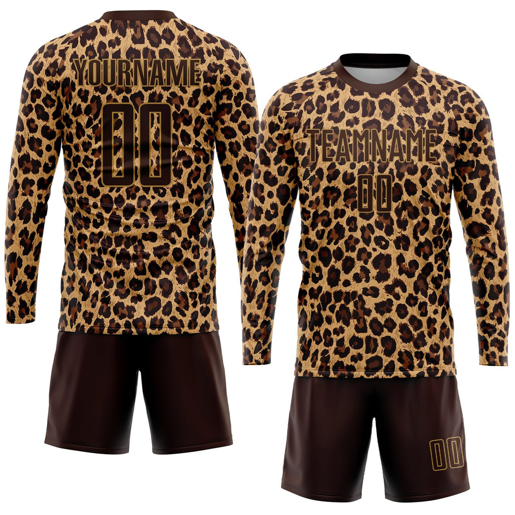 Custom Brown Brown-Old Gold Sublimation Leopard Soccer Uniform Jersey photo 4