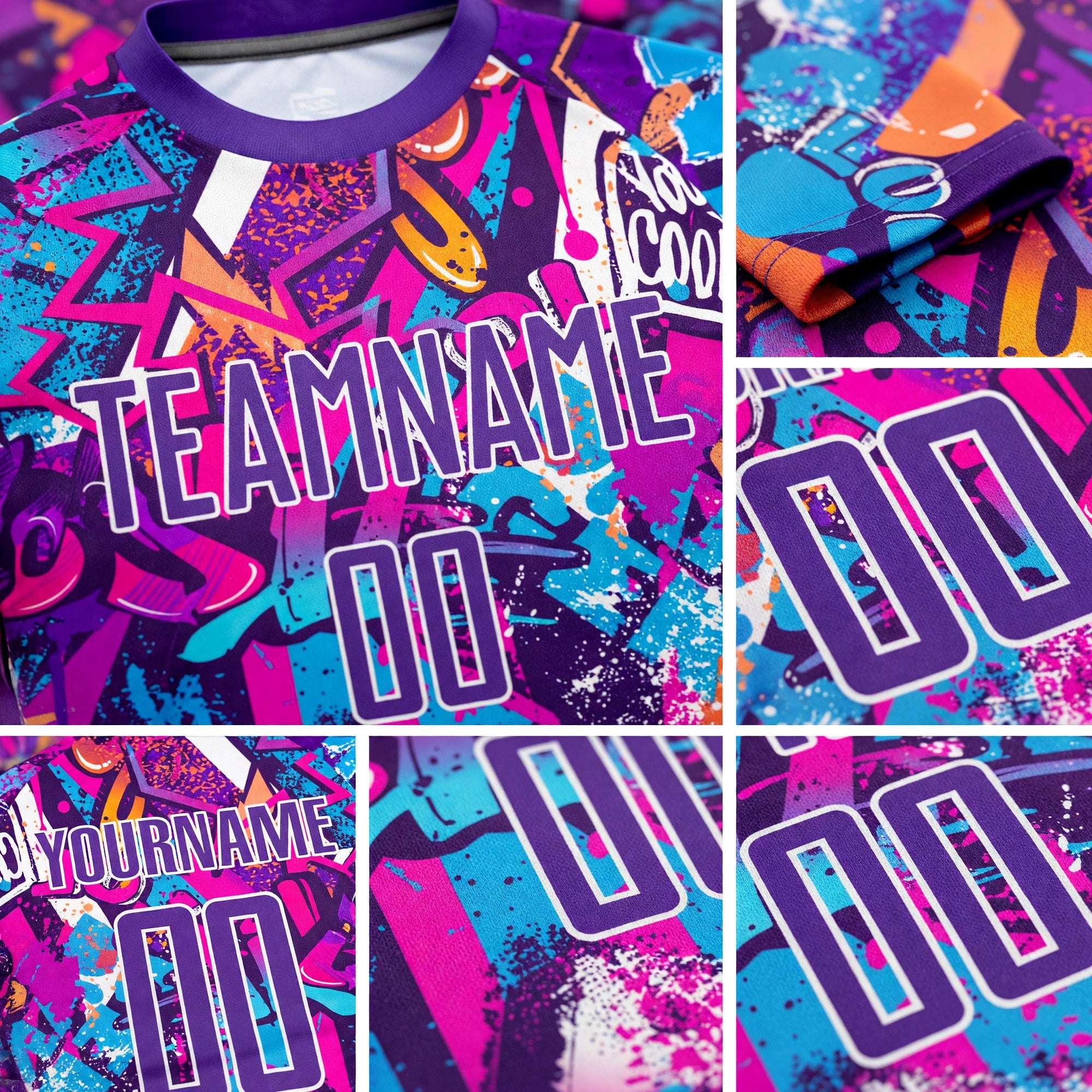 Custom Graffiti Pattern Purple-White Sublimation Soccer Uniform Jersey detail
