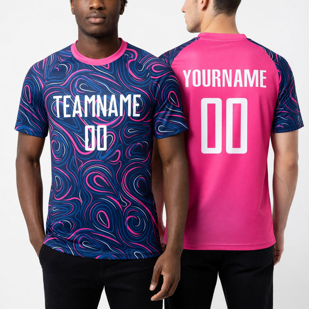 Custom Navy White-Pink Sublimation Soccer Uniform Jersey worn front and back