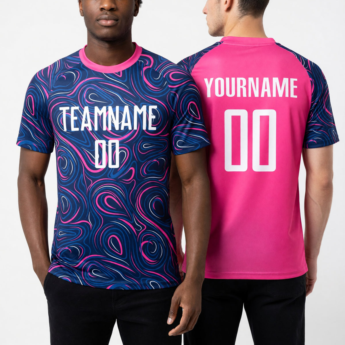 Custom Navy White-Pink Sublimation Soccer Uniform Jersey worn front and back