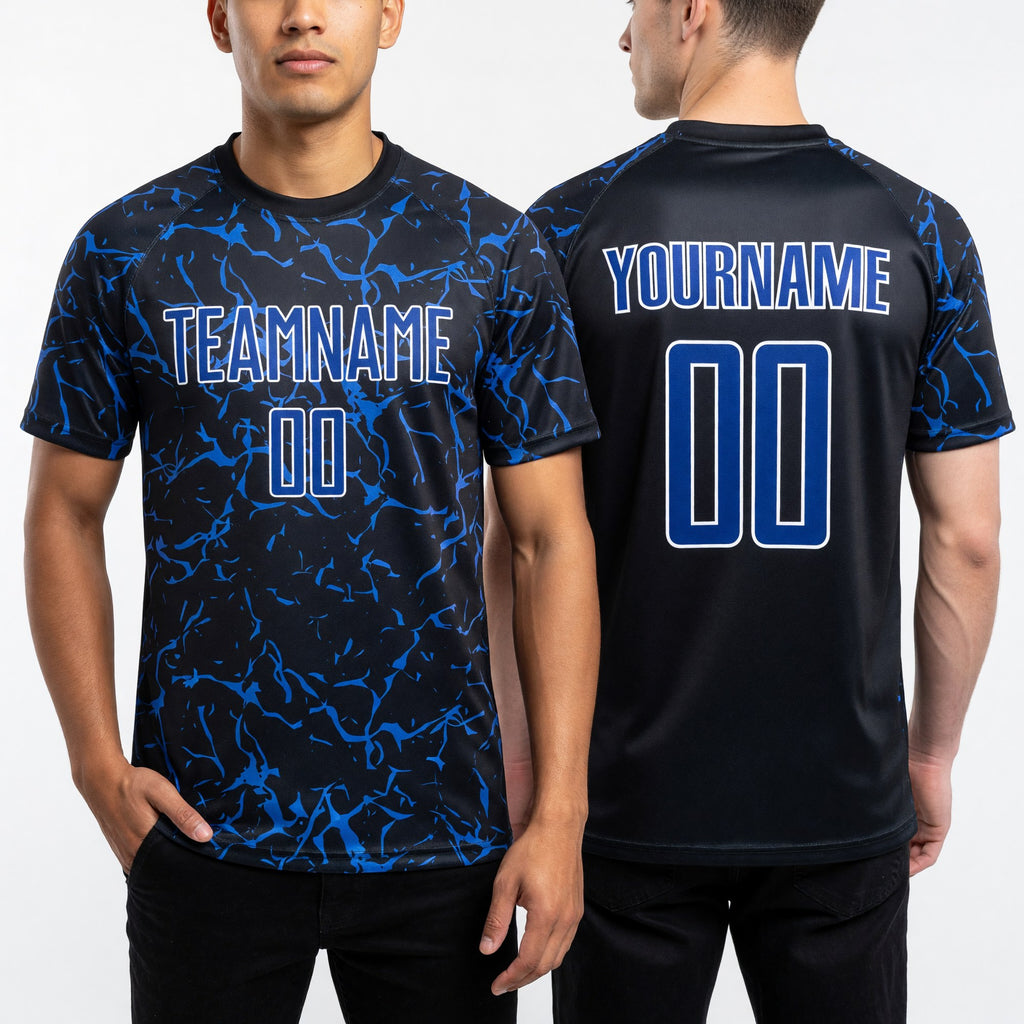 Custom Black Royal-White Sublimation Soccer Uniform Jersey worn front and back
