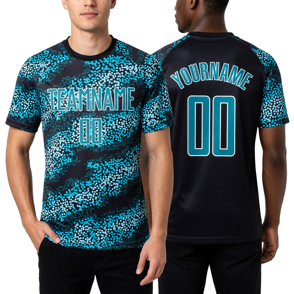 Custom Teal Teal-Black Sublimation Soccer Uniform Jersey worn front and back