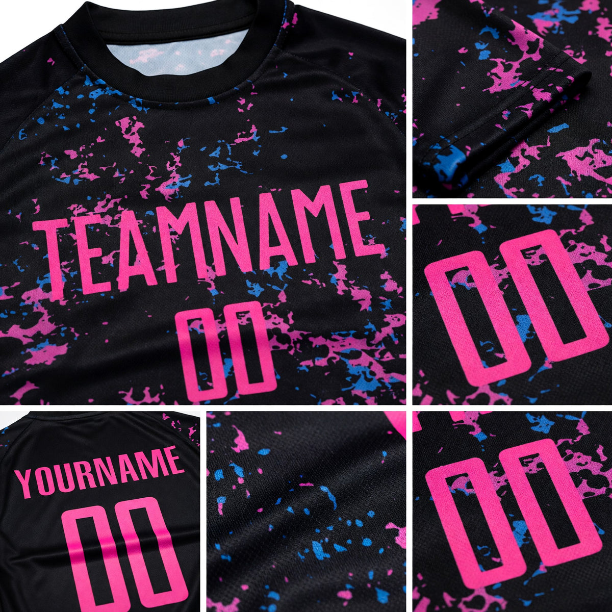 Custom Black Pink-Light Blue Sublimation Soccer Uniform Jersey detail