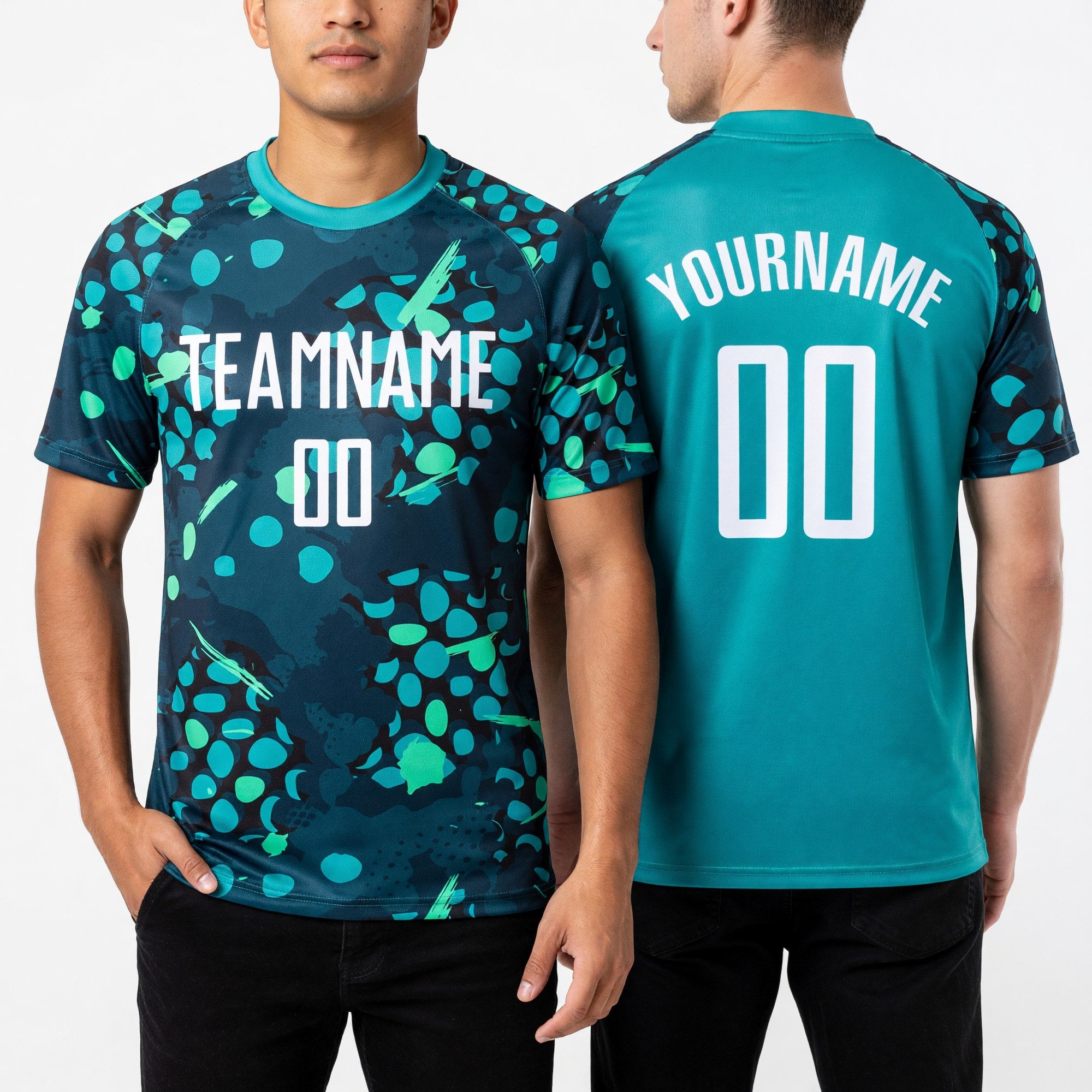 Custom Aqua White-Navy Sublimation Soccer Uniform Jersey worn front and back