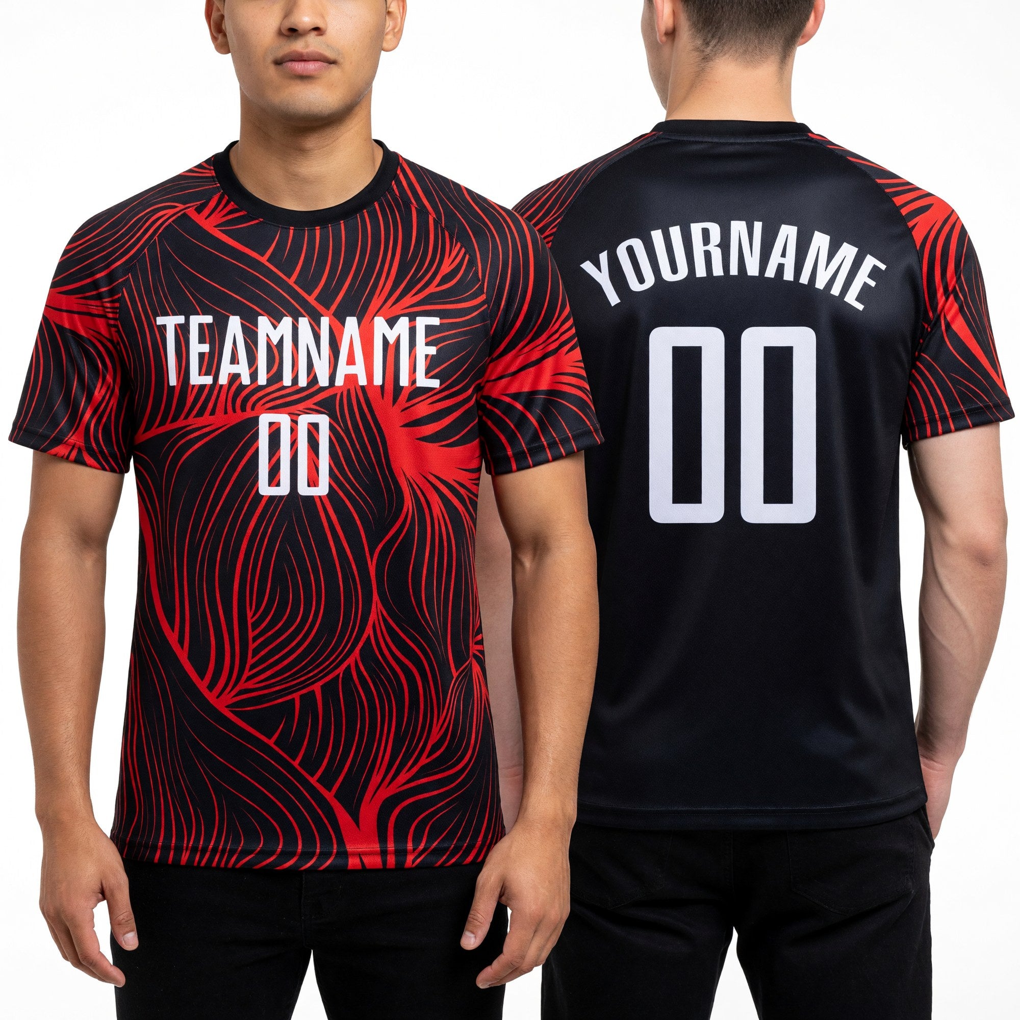 Custom Black White-Red Sublimation Soccer Uniform Jersey worn front and back