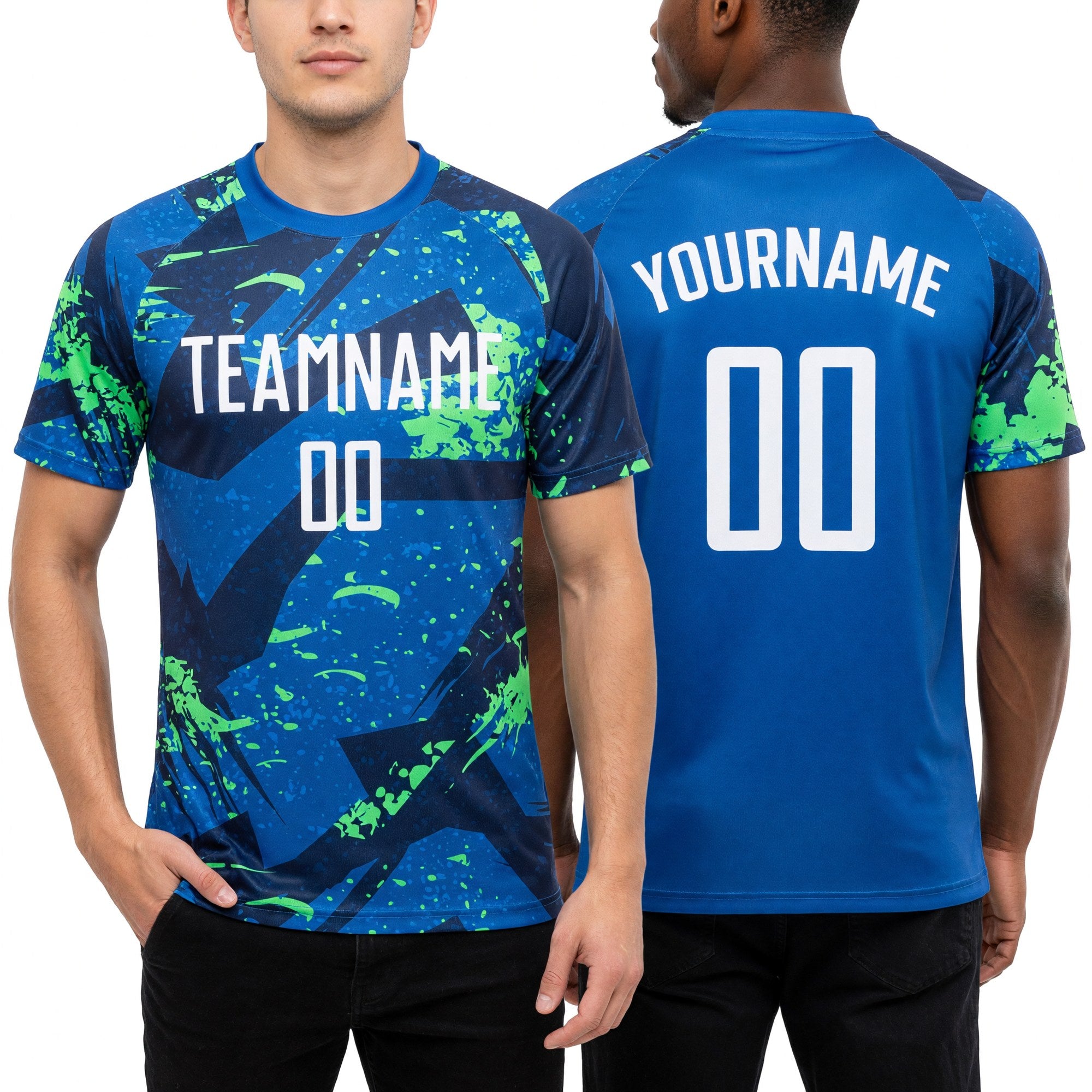 Custom Royal White-Neon Green Sublimation Soccer Uniform Jersey worn front and back