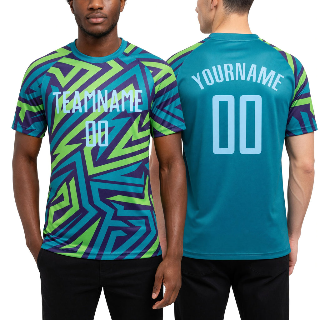 Custom Teal Light Blue-Kelly Green Sublimation Soccer Uniform Jersey worn front and back