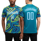 Custom Teal Light Blue-Kelly Green Sublimation Soccer Uniform Jersey worn front and back