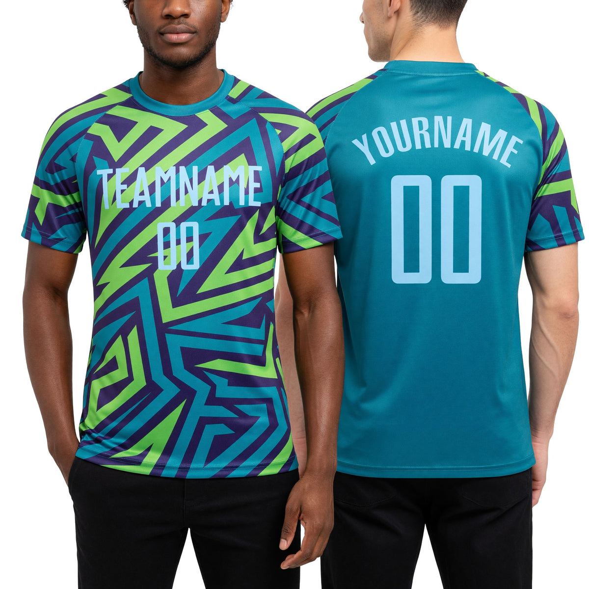 Custom Teal Light Blue-Kelly Green Sublimation Soccer Uniform Jersey worn front and back