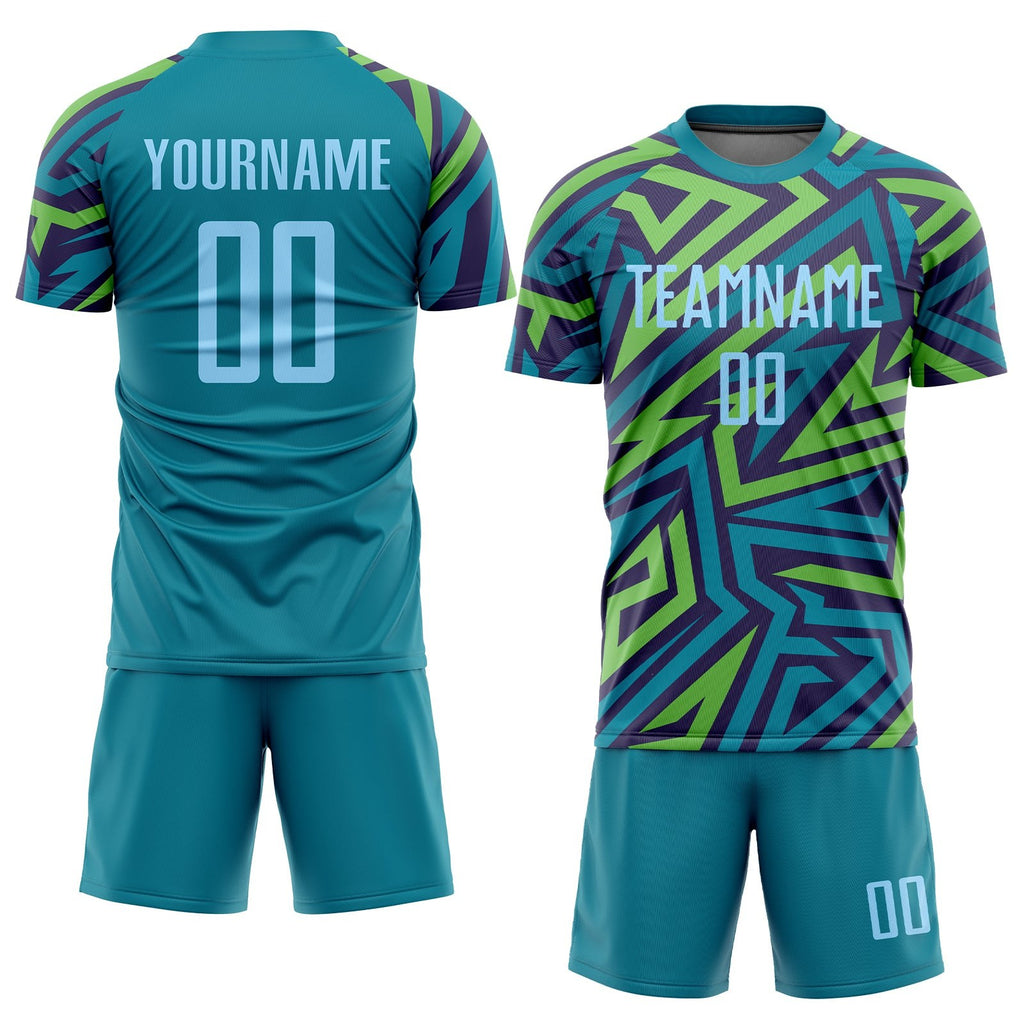 Custom Teal Light Blue-Kelly Green Sublimation Soccer Uniform Jersey photo 2