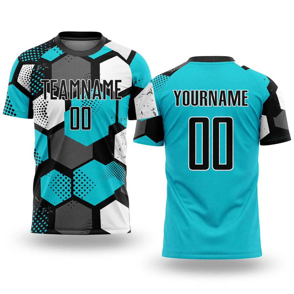 Custom Aqua Black-White Sublimation Soccer Uniform Jersey