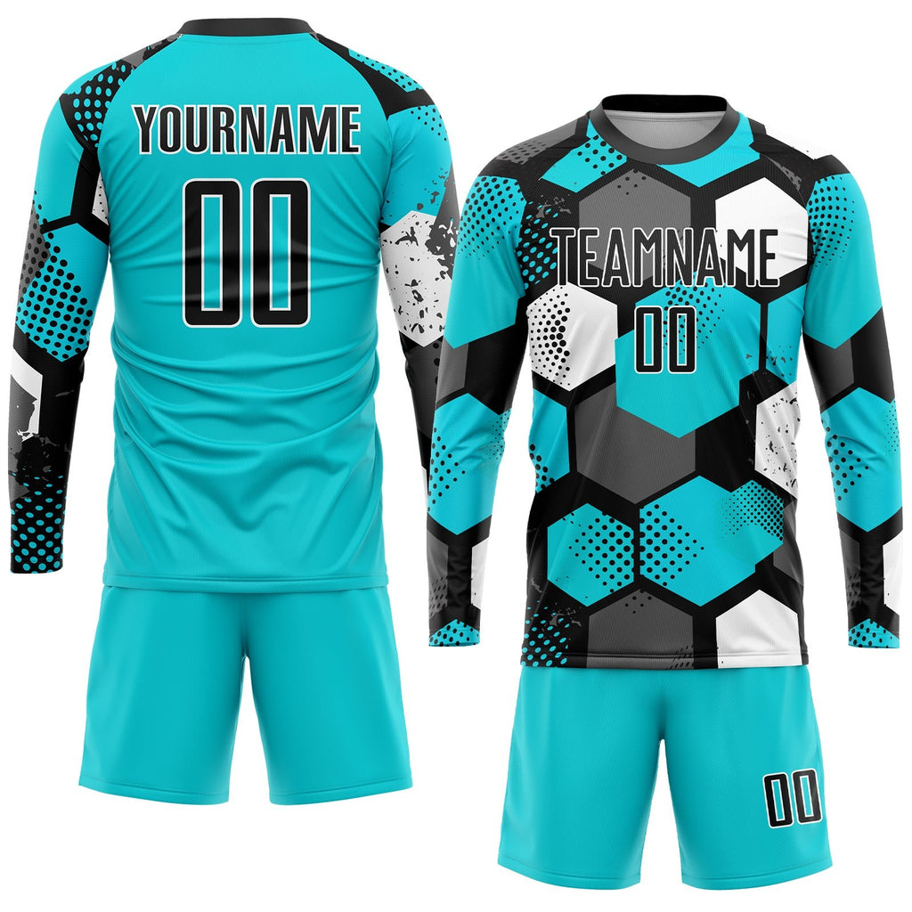 Custom Aqua Black-White Sublimation Soccer Uniform Jersey photo 2