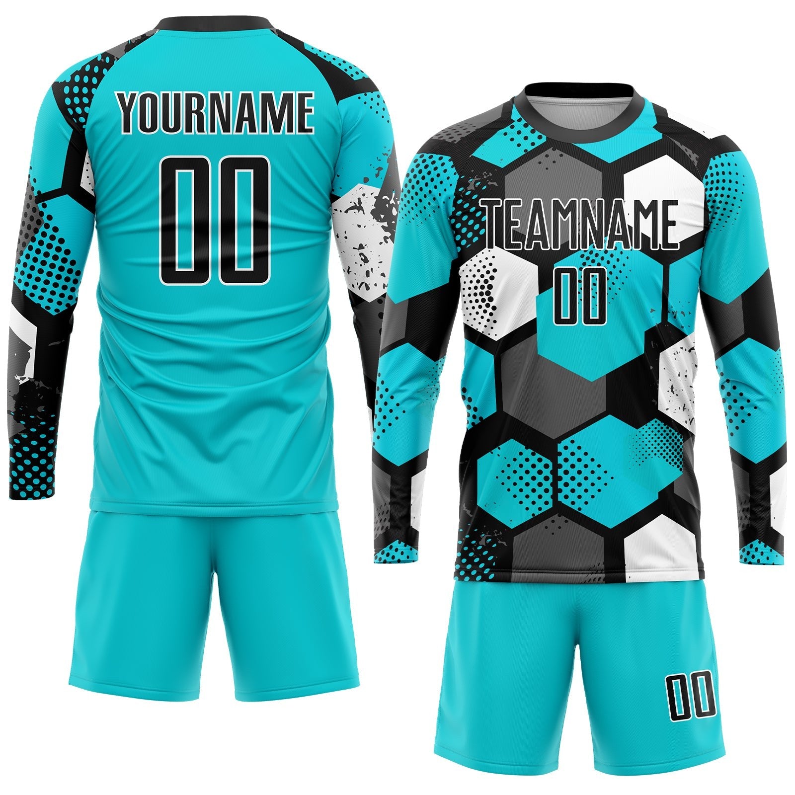 Custom Aqua Black-White Sublimation Soccer Uniform Jersey photo 2