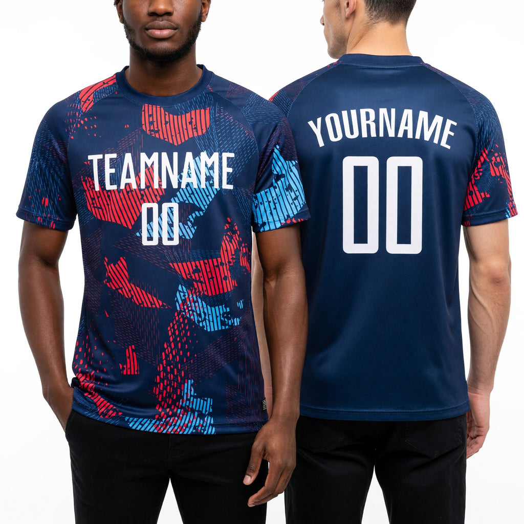 Custom Navy White-Light Blue Sublimation Soccer Uniform Jersey worn front and back