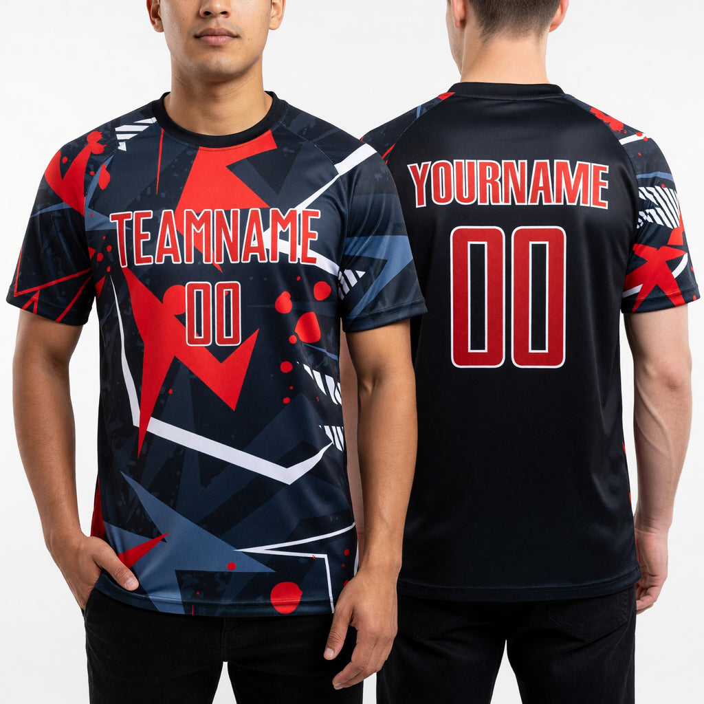 Custom Black Red-White Sublimation Soccer Uniform Jersey worn front and back