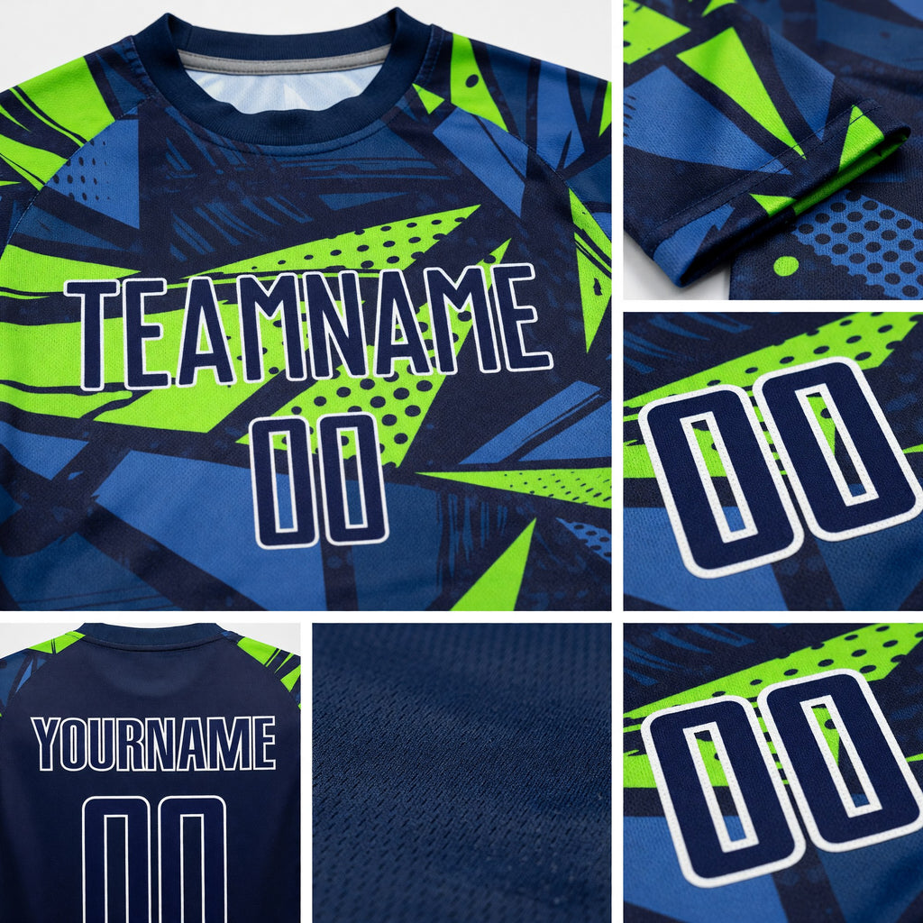 Custom Navy Navy-Neon Green Sublimation Soccer Uniform Jersey detail