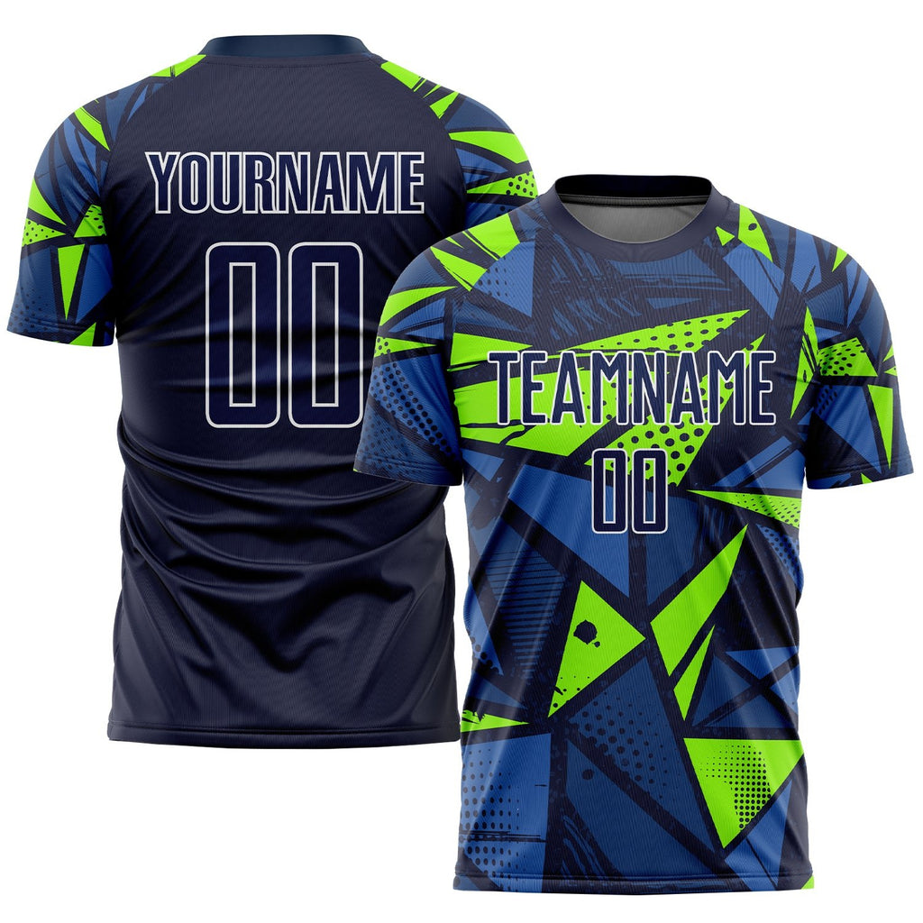 Custom Navy Navy-Neon Green Sublimation Soccer Uniform Jersey photo 1