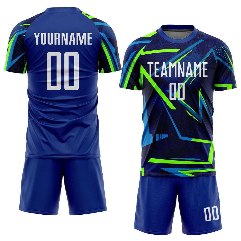 Custom Royal White-Neon Green Sublimation Soccer Uniform Jersey photo 2