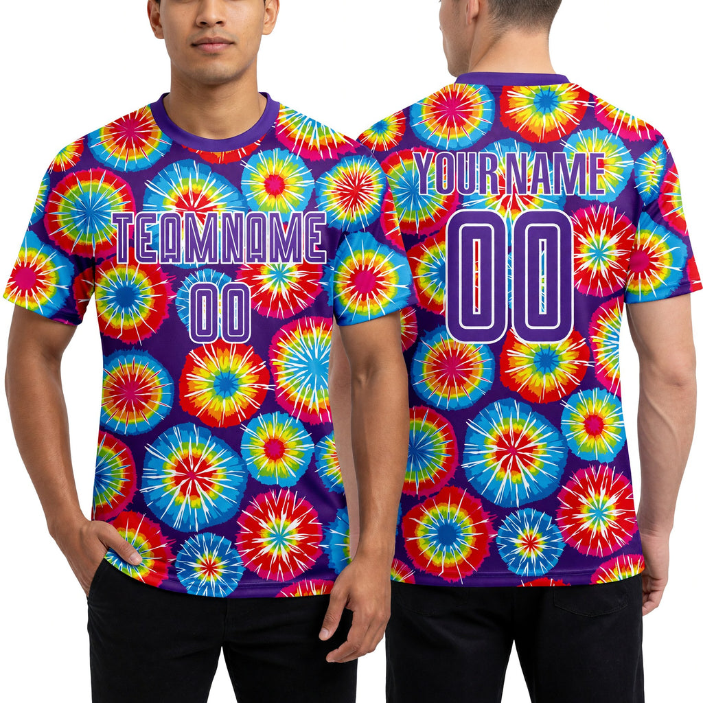 Custom Tie Dye Purple-White Sublimation Soccer Uniform Jersey worn front and back