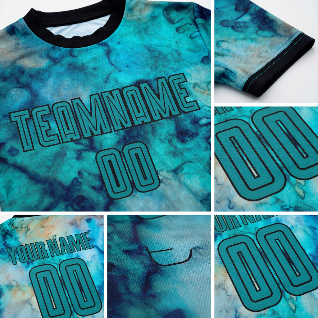 Custom Tie Dye Teal-Black Sublimation Soccer Uniform Jersey detail