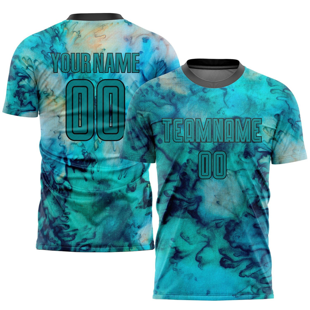 Custom Tie Dye Teal-Black Sublimation Soccer Uniform Jersey photo 1