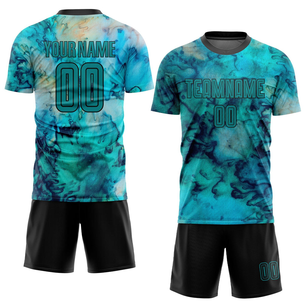 Custom Tie Dye Teal-Black Sublimation Soccer Uniform Jersey photo 2