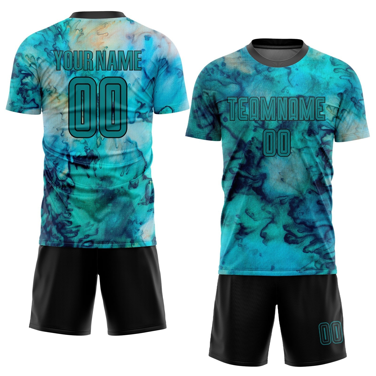 Custom Tie Dye Teal-Black Sublimation Soccer Uniform Jersey photo 2