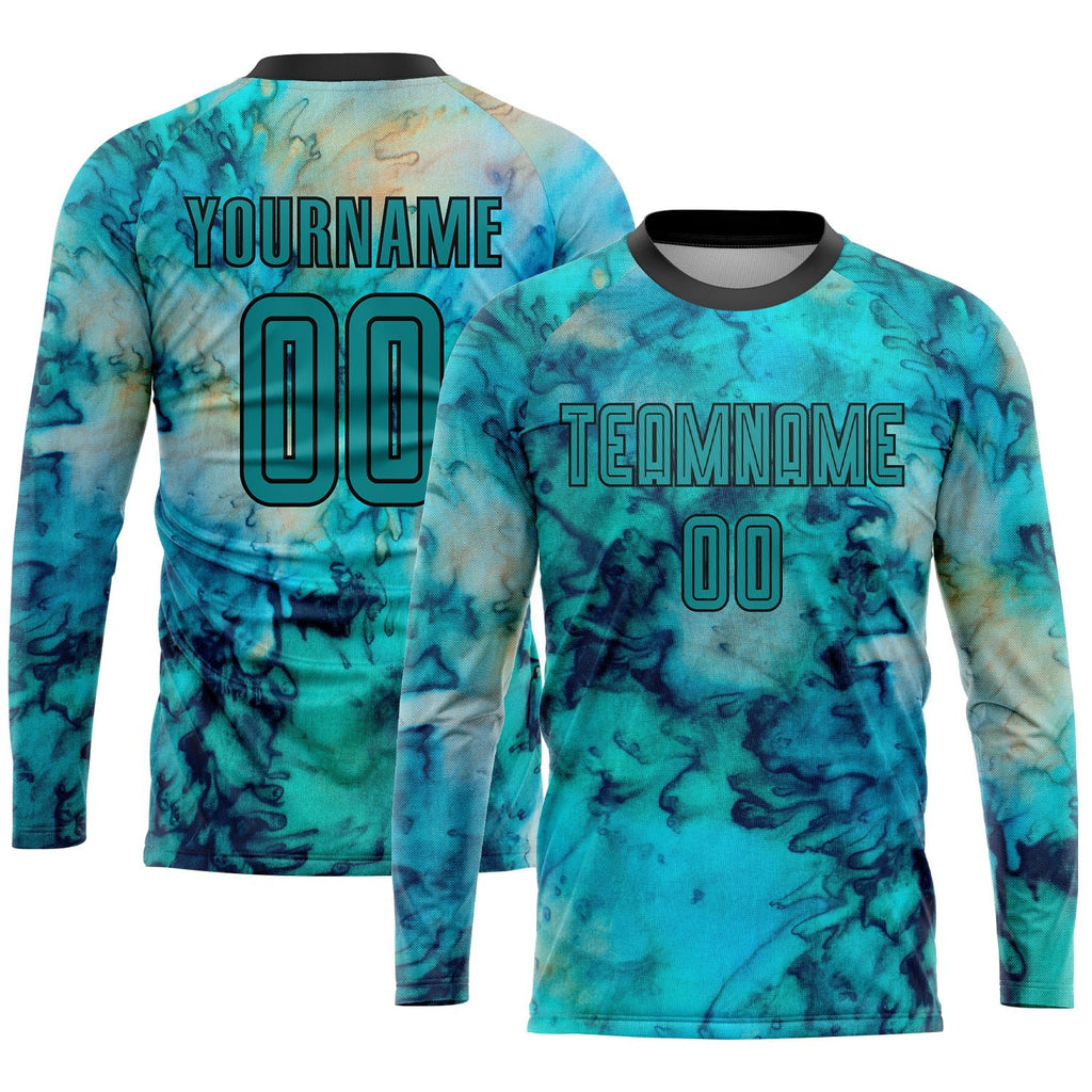 Custom Tie Dye Teal-Black Sublimation Soccer Uniform Jersey photo 3