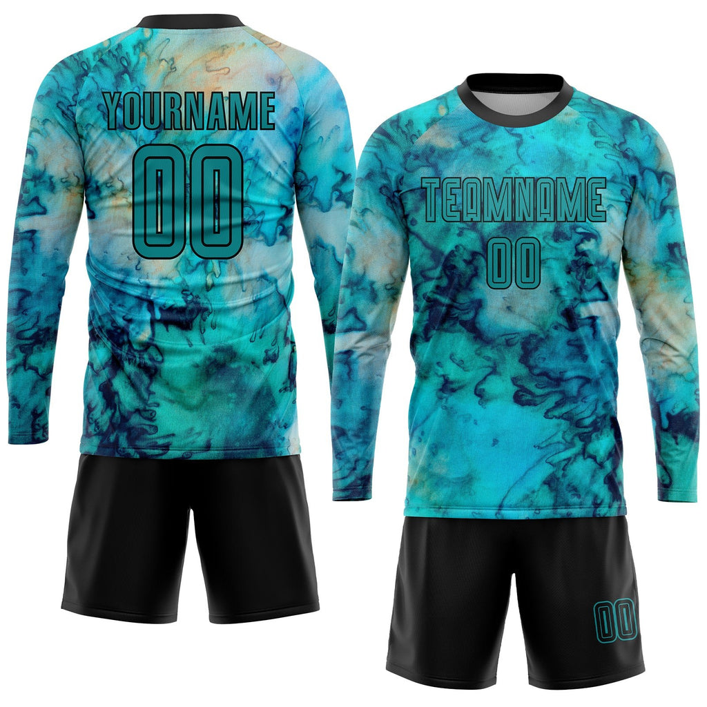 Custom Tie Dye Teal-Black Sublimation Soccer Uniform Jersey photo 4