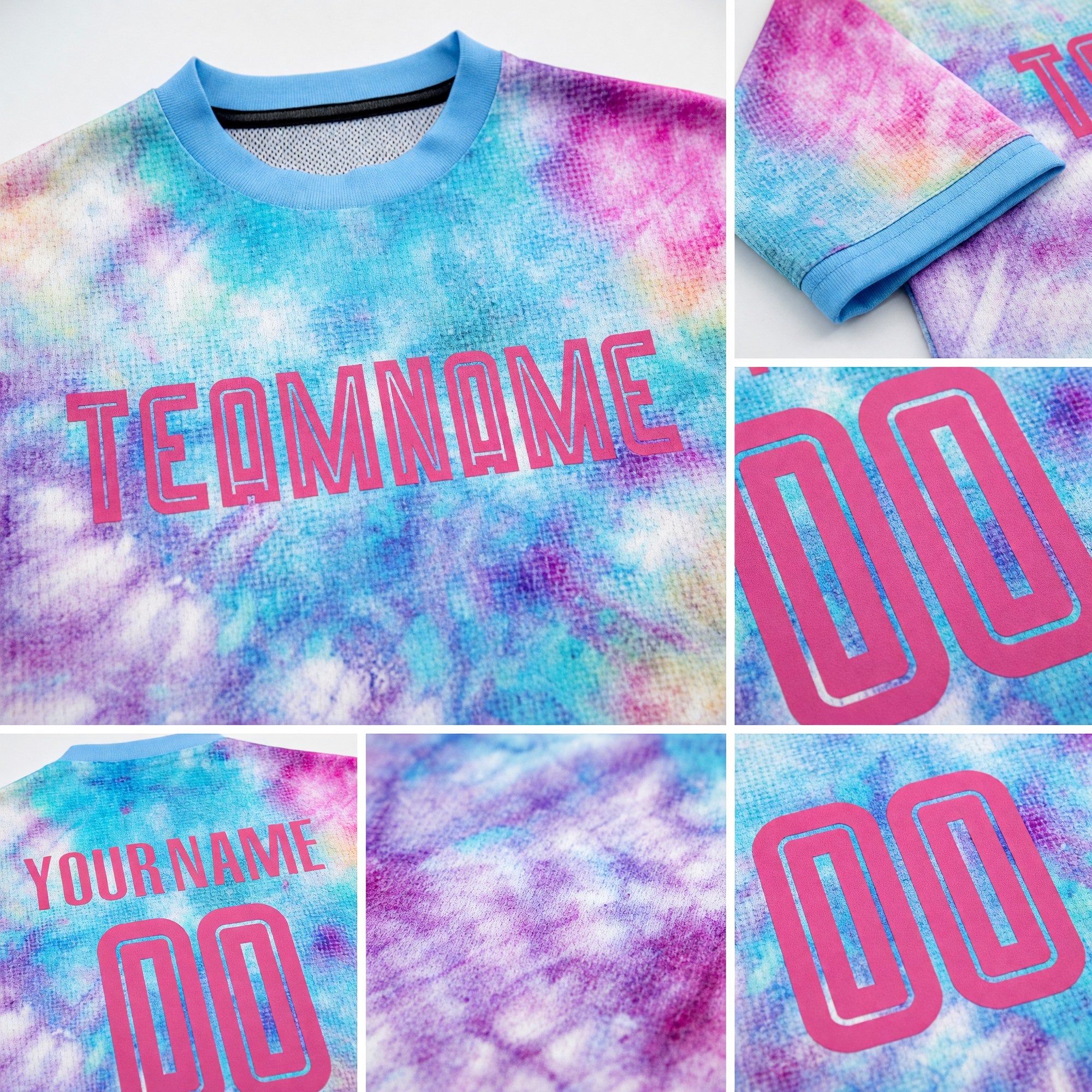 Custom Tie Dye Pink-Light Blue Sublimation Soccer Uniform Jersey detail