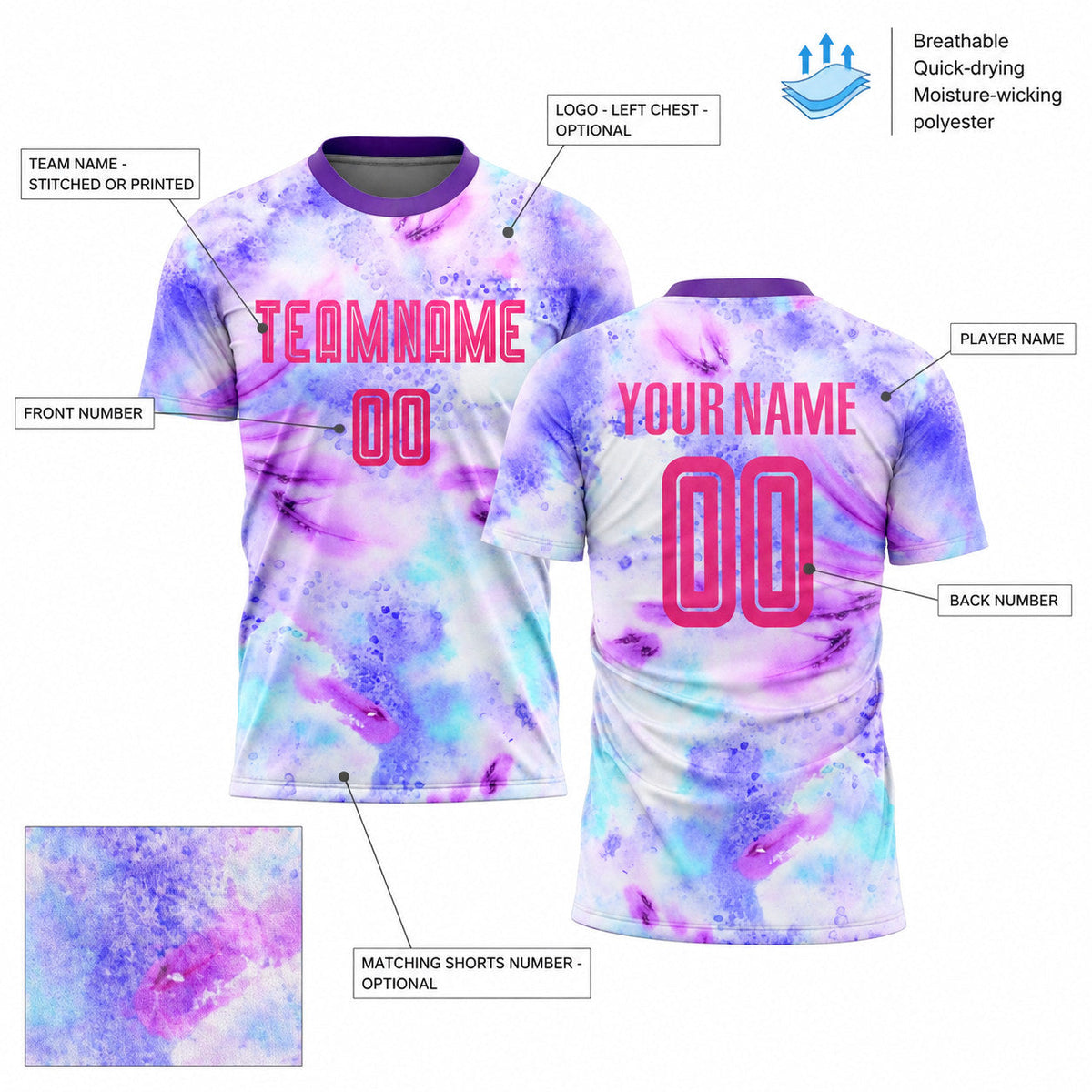 Custom Pink and Purple Tie Dye Sublimated Soccer Jersey customization guide
