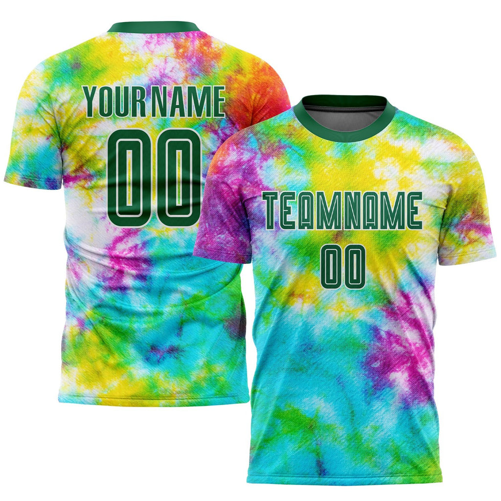 Custom Tie Dye Kelly Green-White Sublimation Soccer Uniform Jersey photo 1