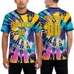 Custom Tie Dye Gold-Black Sublimation Soccer Uniform Jersey worn front and back
