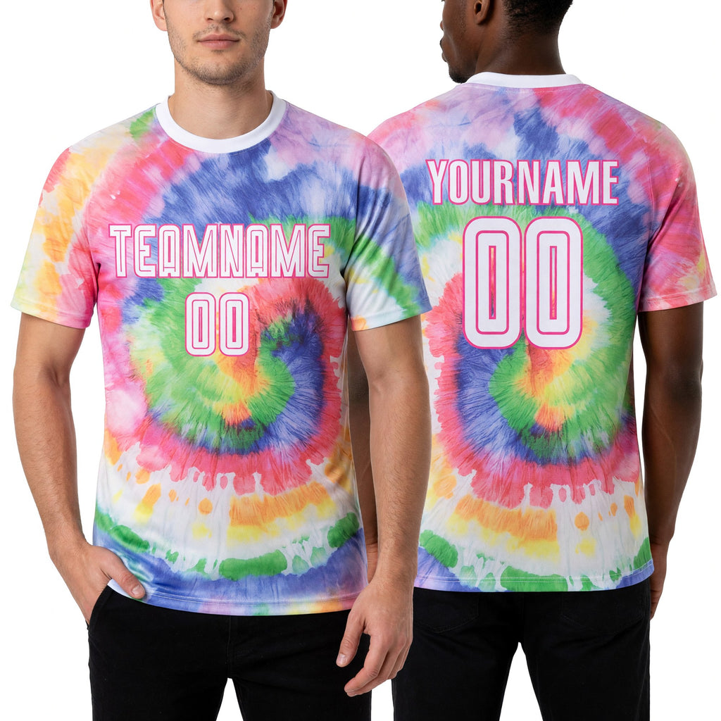 Custom Tie Dye White-Pink Sublimation Soccer Uniform Jersey worn front and back