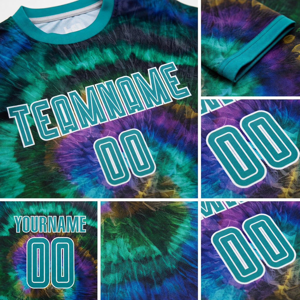 Custom Tie Dye Teal-White Sublimation Soccer Uniform Jersey detail