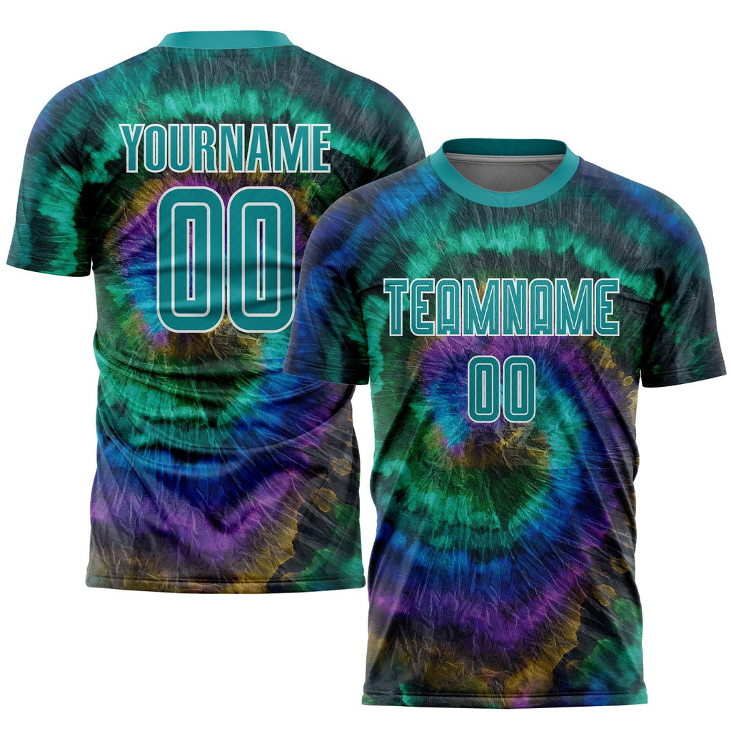 Custom Tie Dye Teal-White Sublimation Soccer Uniform Jersey photo 1
