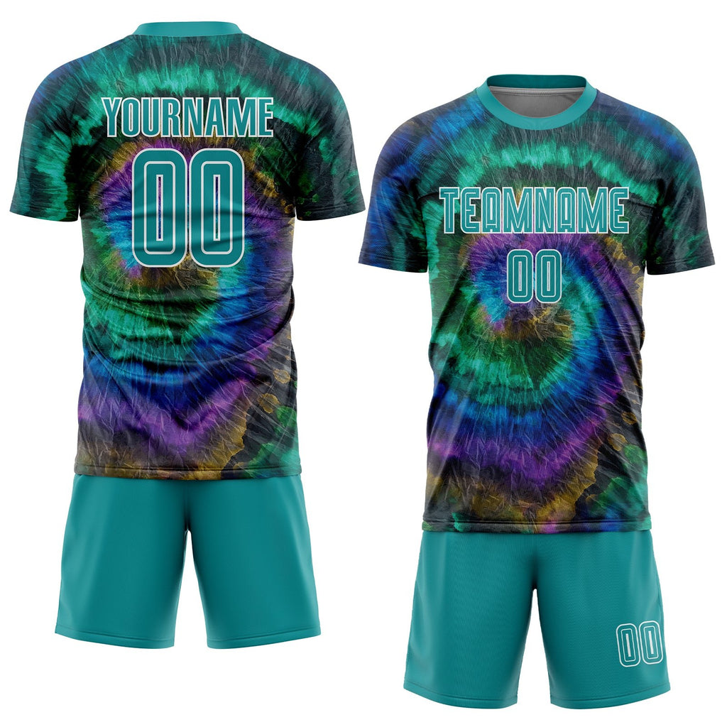 Custom Tie Dye Teal-White Sublimation Soccer Uniform Jersey photo 2