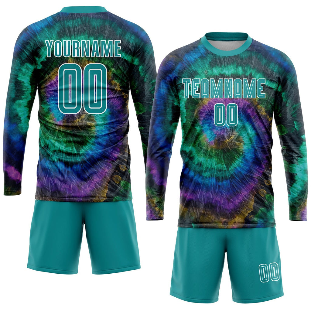 Custom Tie Dye Teal-White Sublimation Soccer Uniform Jersey photo 4