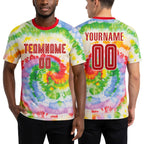 Custom Tie Dye Red-White Sublimation Soccer Uniform Jersey worn front and back