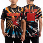 Custom Tie Dye Red-Old Gold Sublimation Soccer Uniform Jersey worn front and back