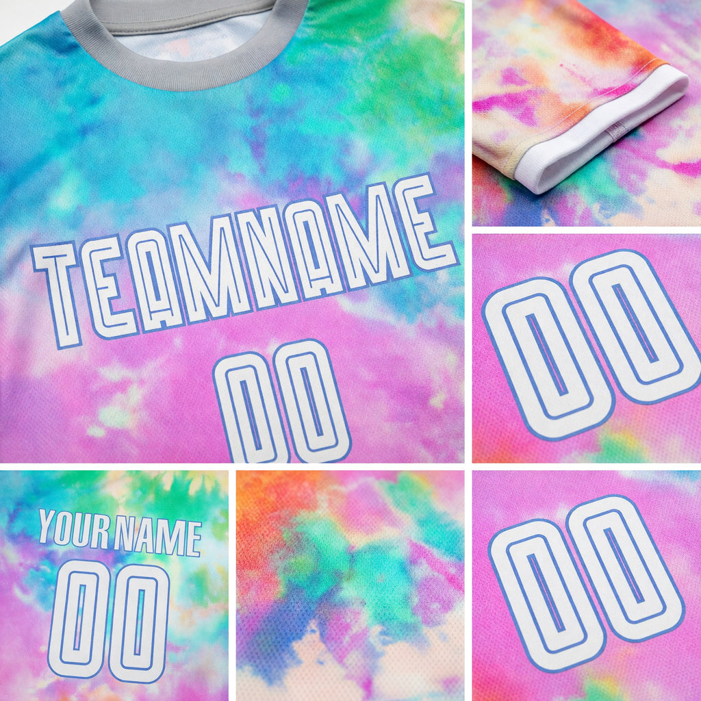 Custom Tie Dye White-Light Blue Sublimation Soccer Uniform Jersey detail