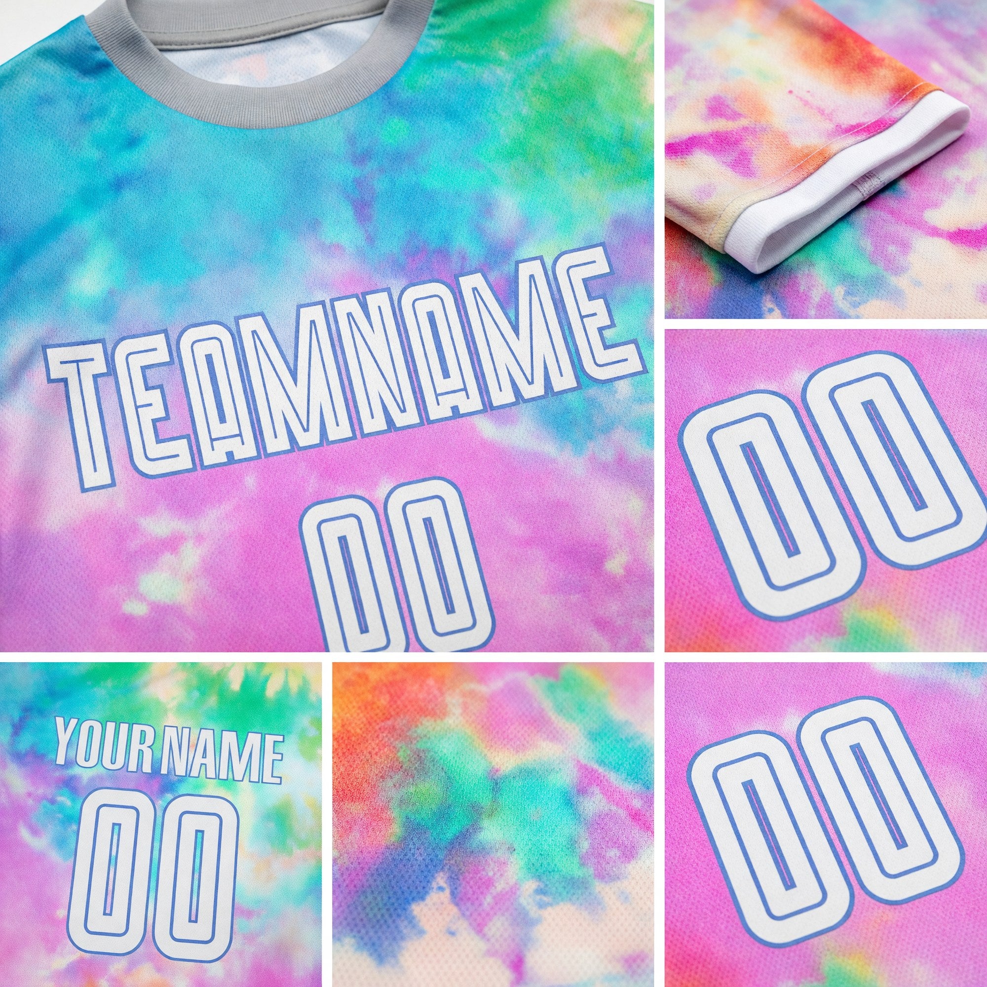 Custom Tie Dye White-Light Blue Sublimation Soccer Uniform Jersey detail