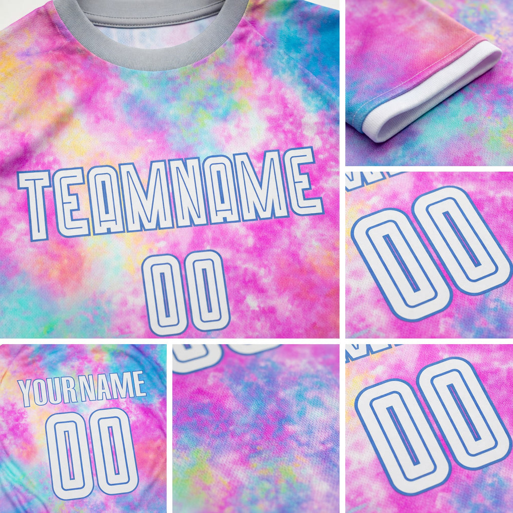 Custom Tie Dye White-Light Blue Sublimation Soccer Uniform Jersey detail