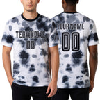 Custom Tie Dye Black-White Sublimation Soccer Uniform Jersey worn front and back