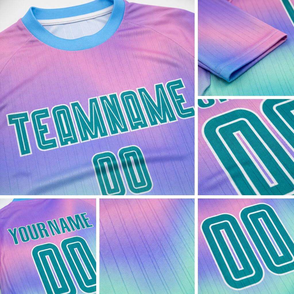 Custom Tie Dye Teal-White Sublimation Soccer Uniform Jersey detail