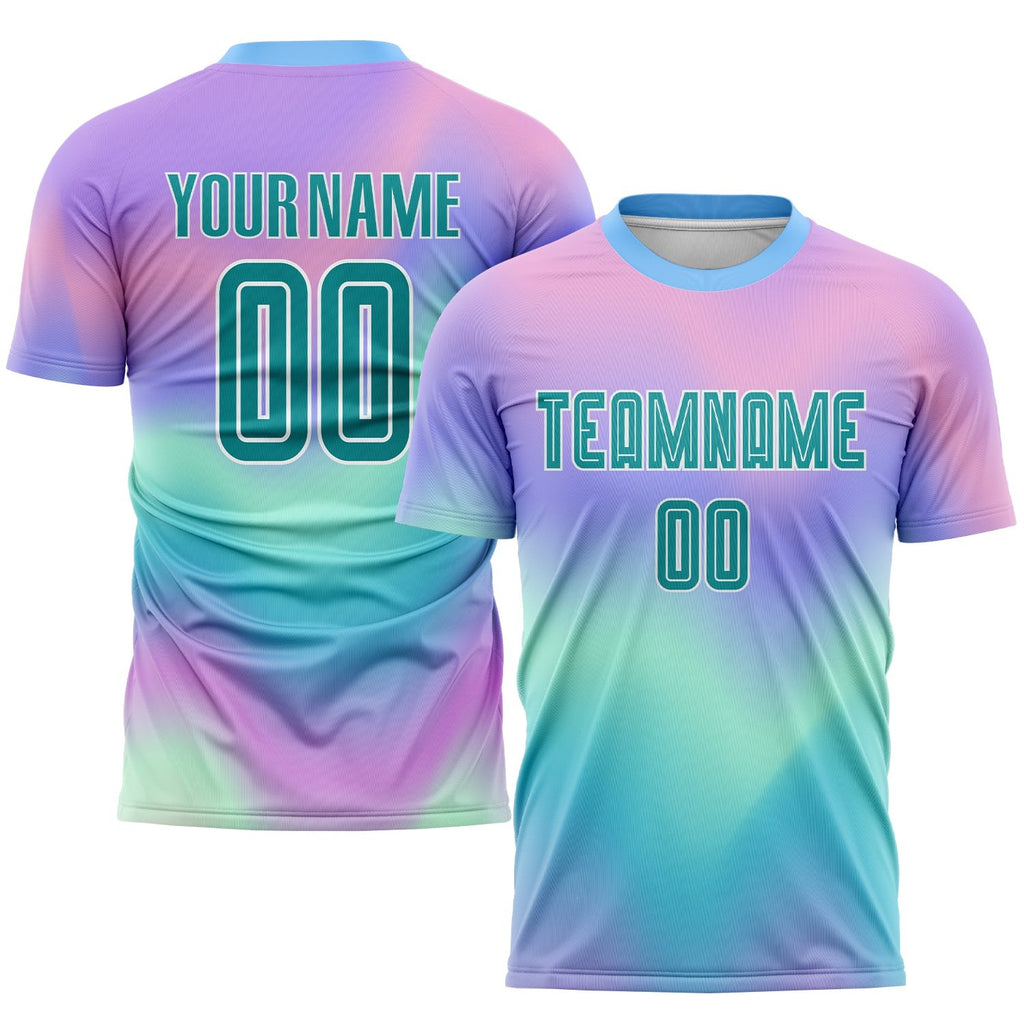 Custom Tie Dye Teal-White Sublimation Soccer Uniform Jersey photo 1