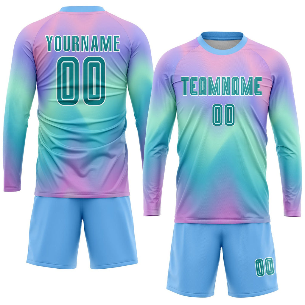 Custom Tie Dye Teal-White Sublimation Soccer Uniform Jersey photo 3